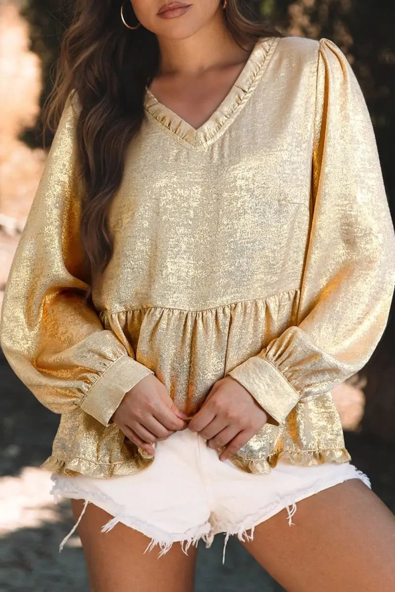 Gold Metallic Frilled V Neck Puff Sleeve Babydoll Blouse - Love Salve 