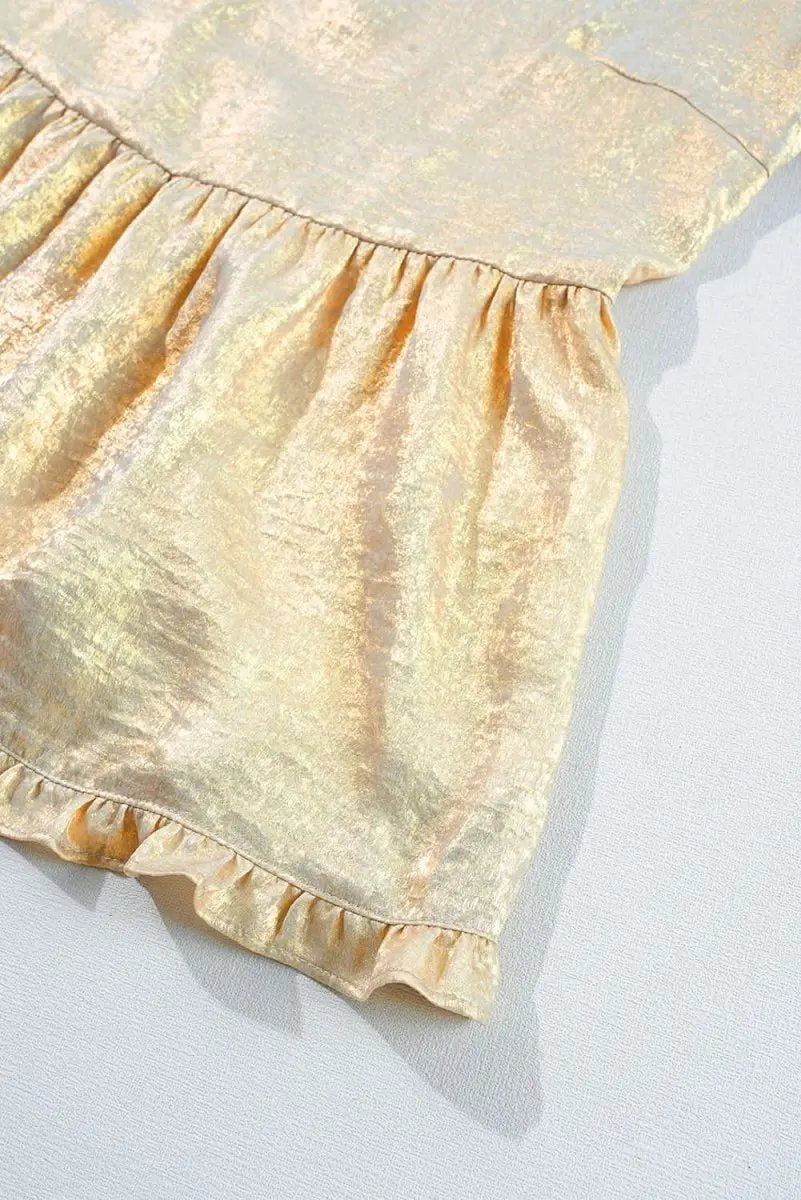 Gold Metallic Frilled V Neck Puff Sleeve Babydoll Blouse - Love Salve 