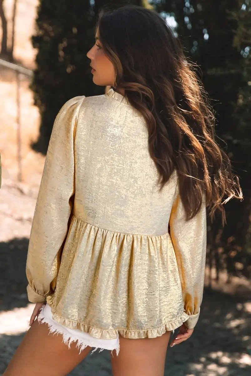 Gold Metallic Frilled V Neck Puff Sleeve Babydoll Blouse - Love Salve 