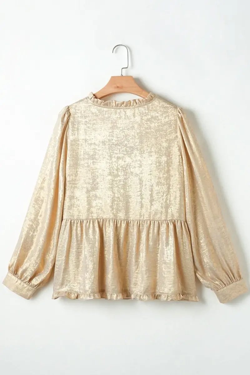 Gold Metallic Frilled V Neck Puff Sleeve Babydoll Blouse - Love Salve 