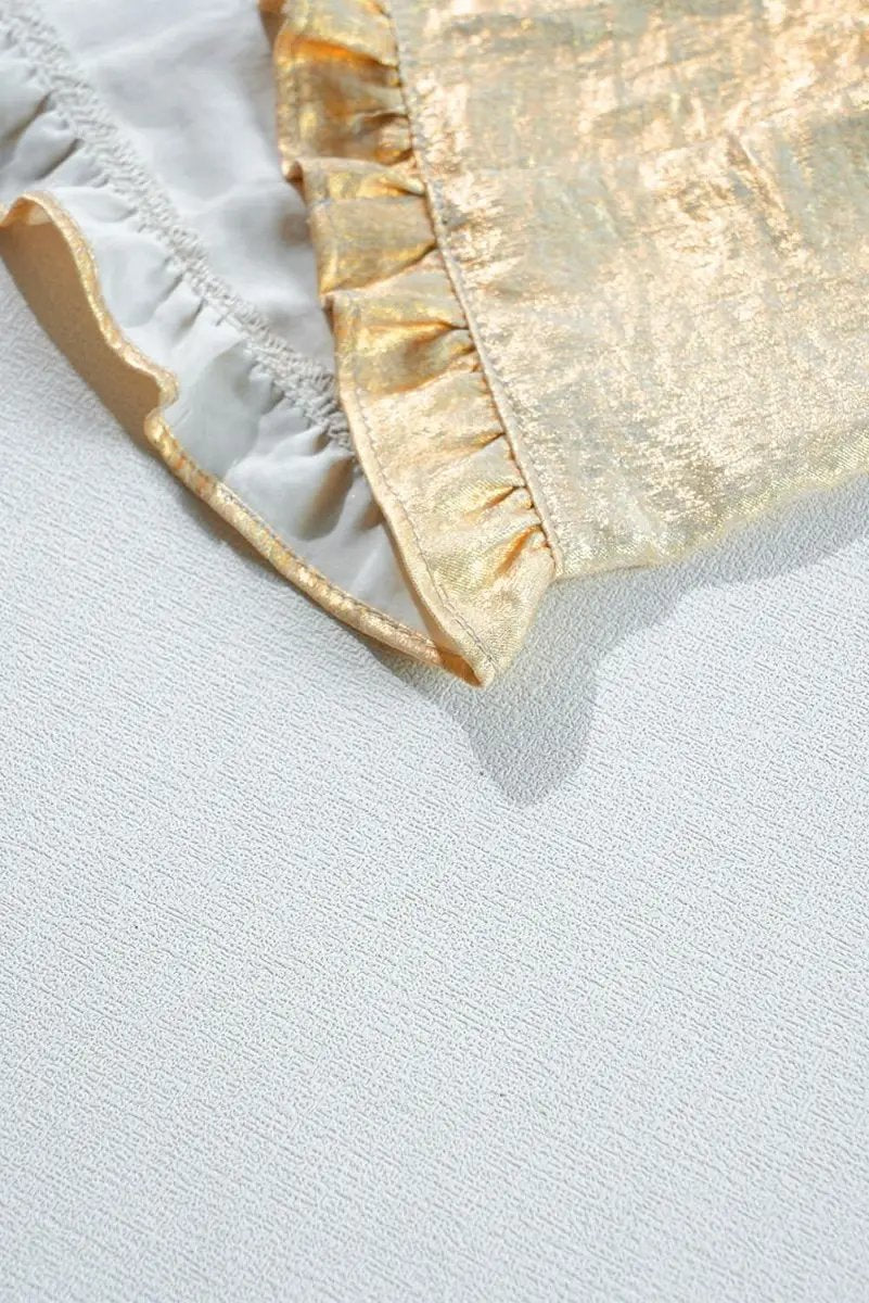 Gold Metallic Frilled V Neck Puff Sleeve Babydoll Blouse - Love Salve 