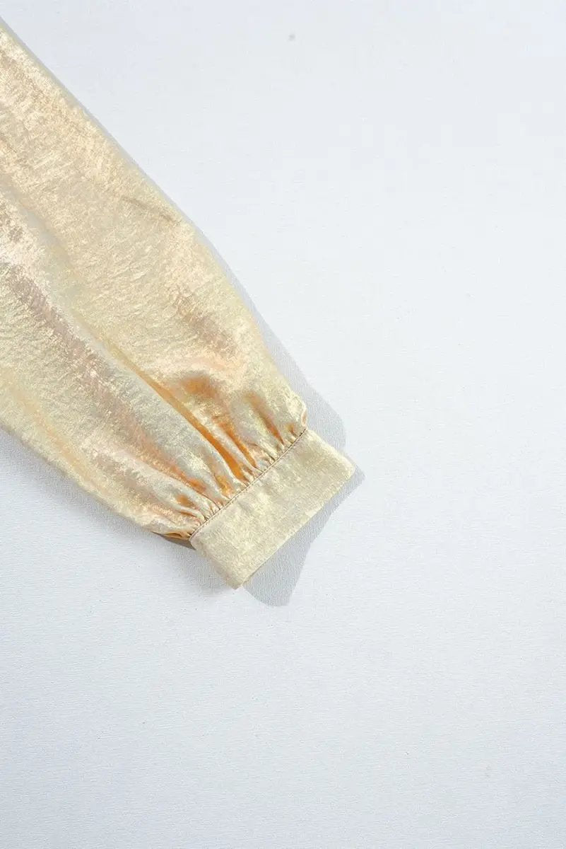 Gold Metallic Frilled V Neck Puff Sleeve Babydoll Blouse - Love Salve 