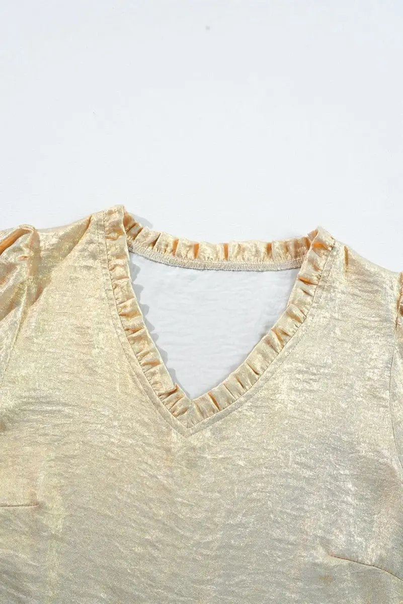 Gold Metallic Frilled V Neck Puff Sleeve Babydoll Blouse - Love Salve 