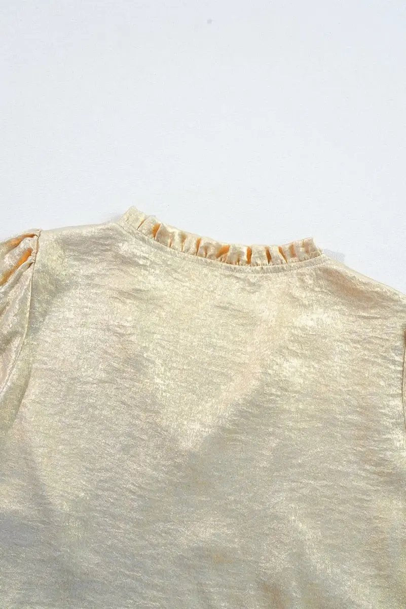 Gold Metallic Frilled V Neck Puff Sleeve Babydoll Blouse - Love Salve 