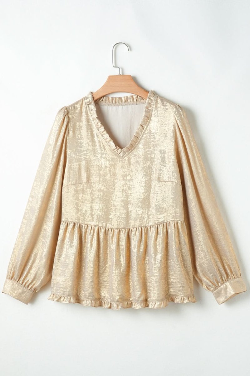 Gold Metallic Frilled V Neck Puff Sleeve Babydoll Blouse - Love Salve 