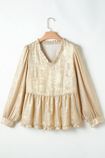 Gold Metallic Frilled V Neck Puff Sleeve Babydoll Blouse - Love Salve 