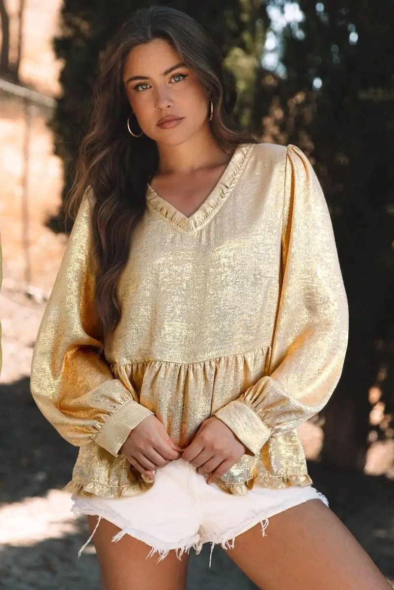Gold Metallic Frilled V Neck Puff Sleeve Babydoll Blouse - Love Salve 