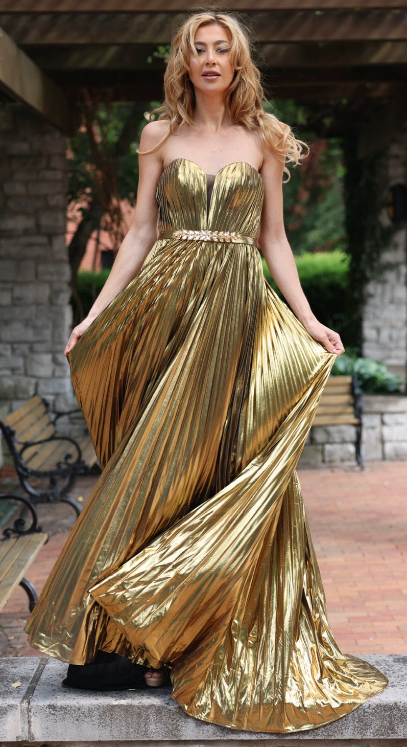 Gold Lamé Strapless Pleated Gown - Style AC13 Gold