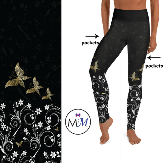 Gold Butterfly Effect Full Length Leggings with Pockets MM