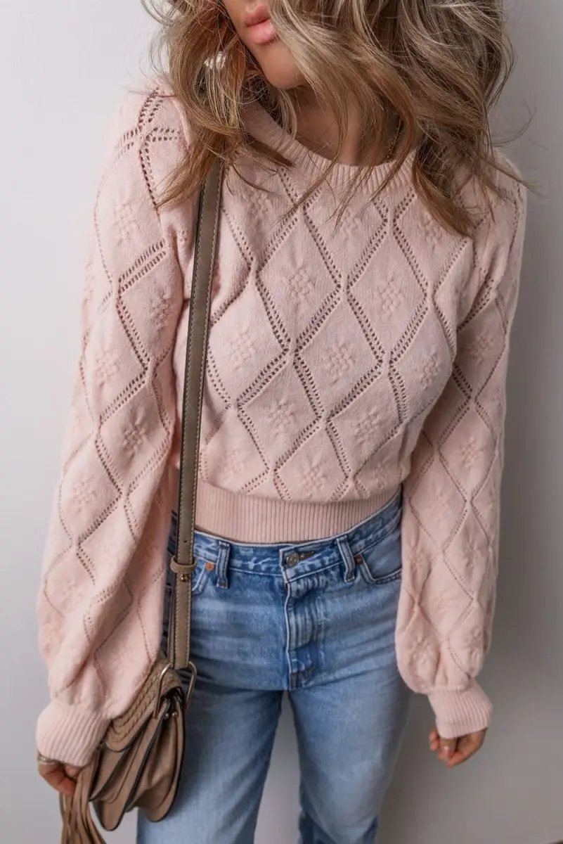 Gossamer Pink Plaid Puff Sleeve Cropped Sweater with Openwork Detail - Love Salve 