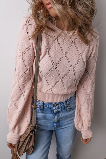 Gossamer Pink Plaid Puff Sleeve Cropped Sweater with Openwork Detail - Love Salve
