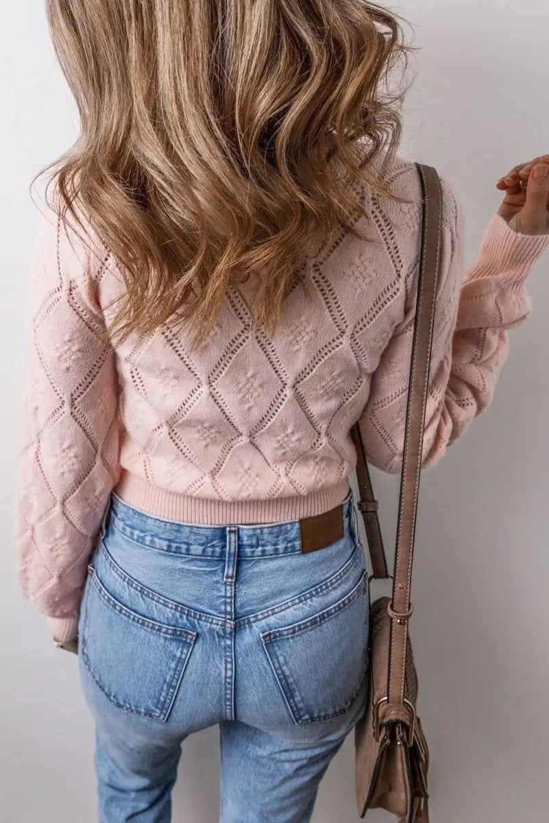 Gossamer Pink Plaid Puff Sleeve Cropped Sweater with Openwork Detail - Love Salve 