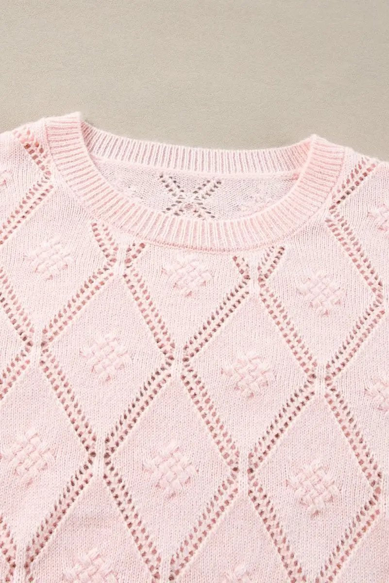 Gossamer Pink Plaid Puff Sleeve Cropped Sweater with Openwork Detail - Love Salve 