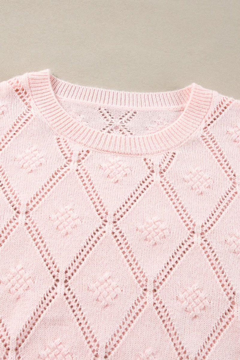 Gossamer Pink Plaid Puff Sleeve Cropped Sweater with Openwork Detail - Love Salve