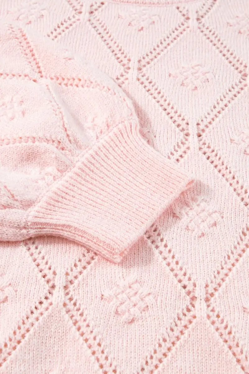 Gossamer Pink Plaid Puff Sleeve Cropped Sweater with Openwork Detail - Love Salve 