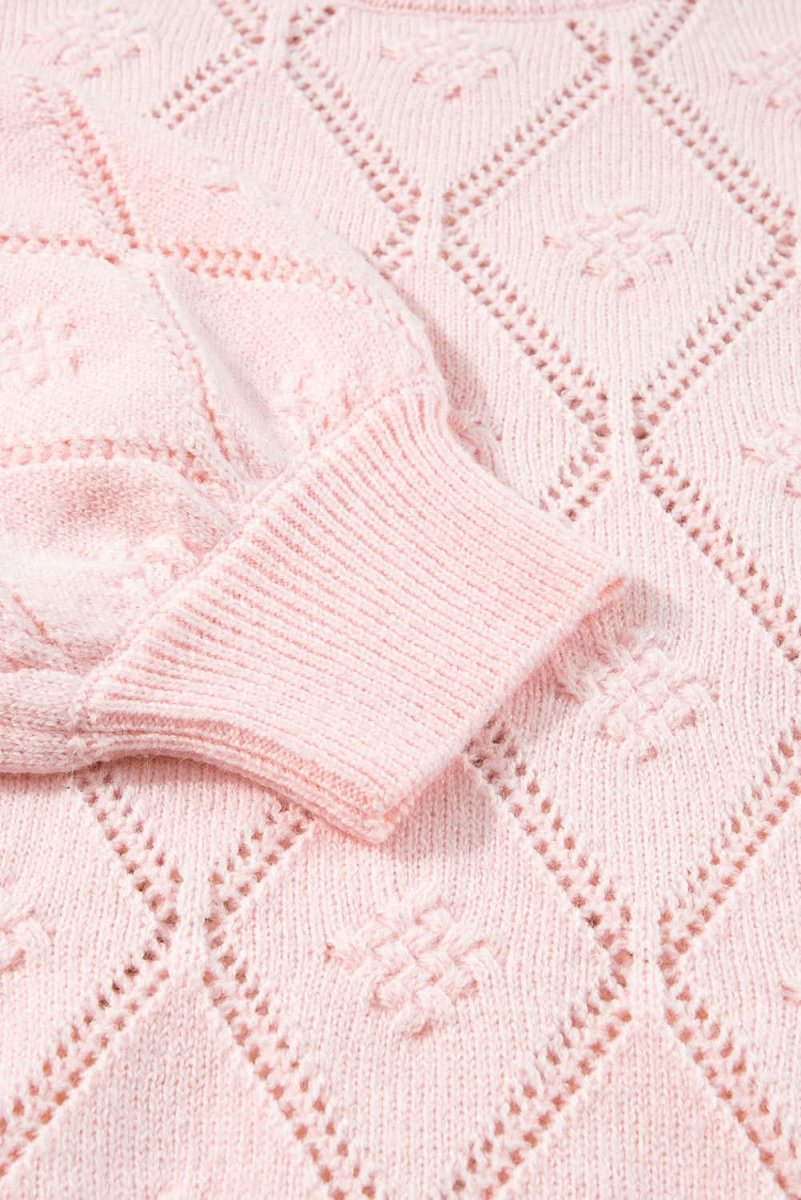 Gossamer Pink Plaid Puff Sleeve Cropped Sweater with Openwork Detail - Love Salve