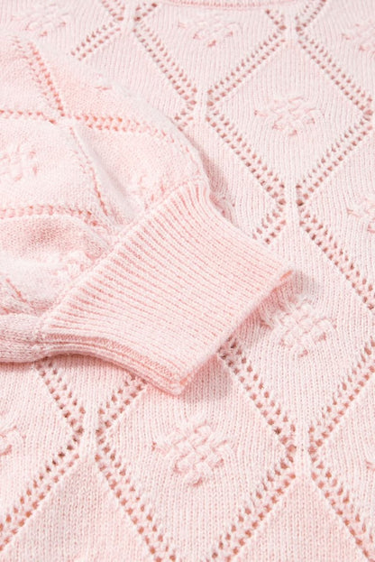 Gossamer Pink Plaid Puff Sleeve Cropped Sweater with Openwork Detail - Love Salve