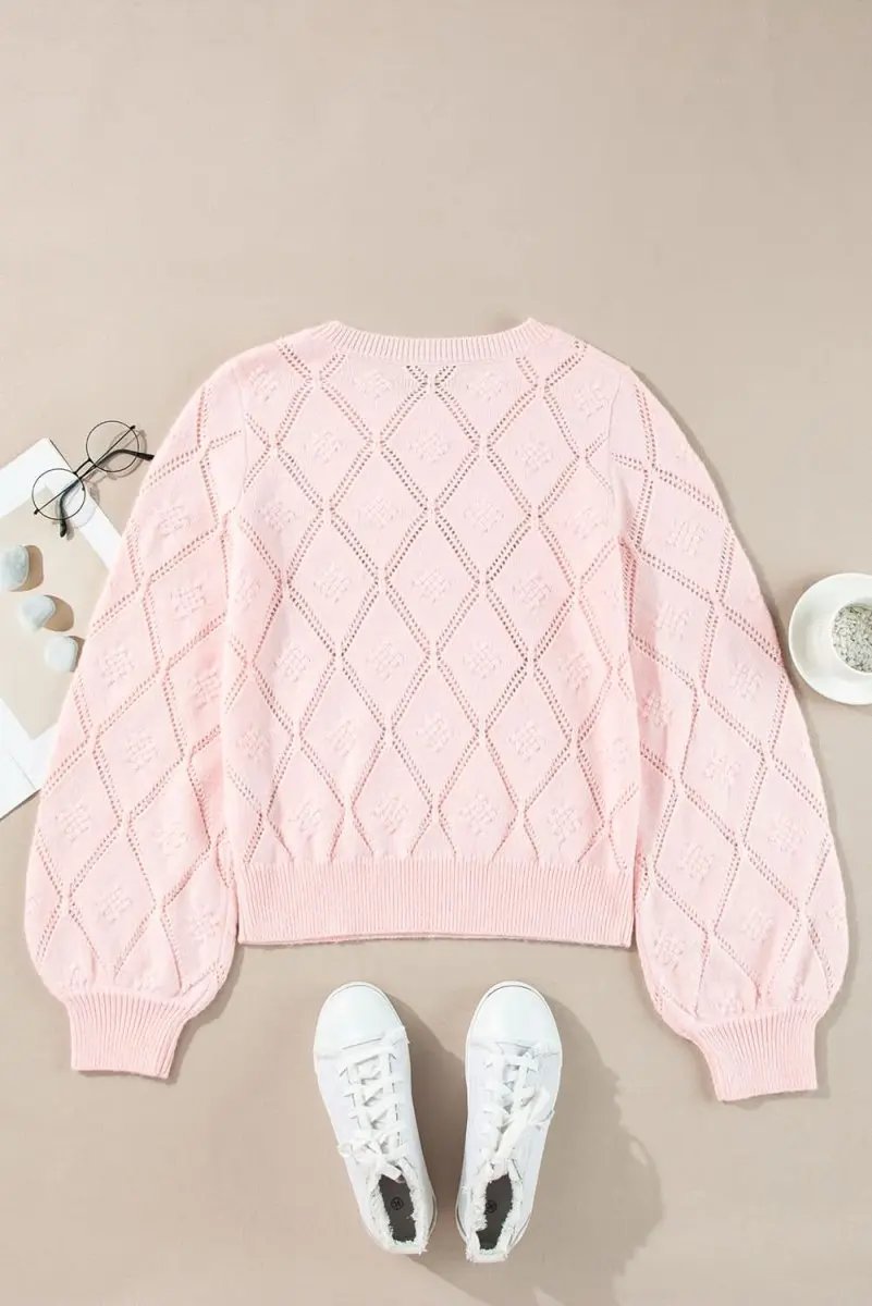 Gossamer Pink Plaid Puff Sleeve Cropped Sweater with Openwork Detail - Love Salve 