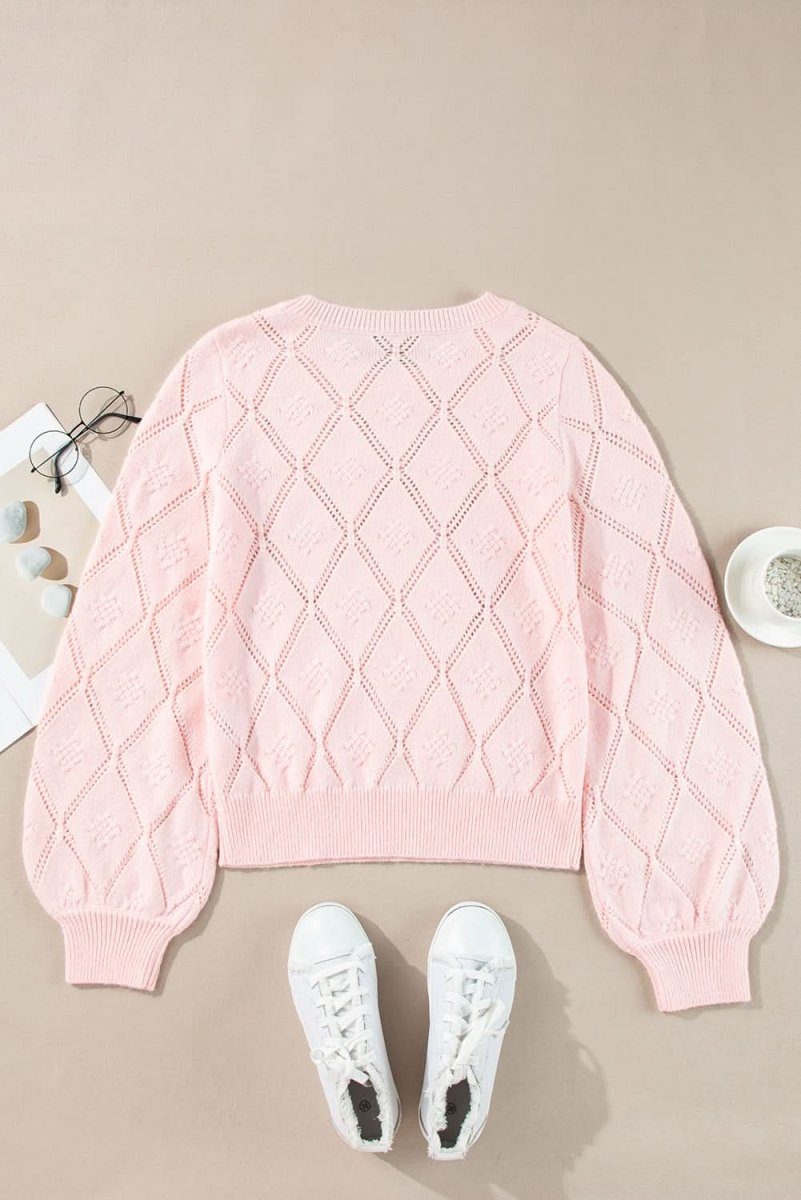 Gossamer Pink Plaid Puff Sleeve Cropped Sweater with Openwork Detail - Love Salve