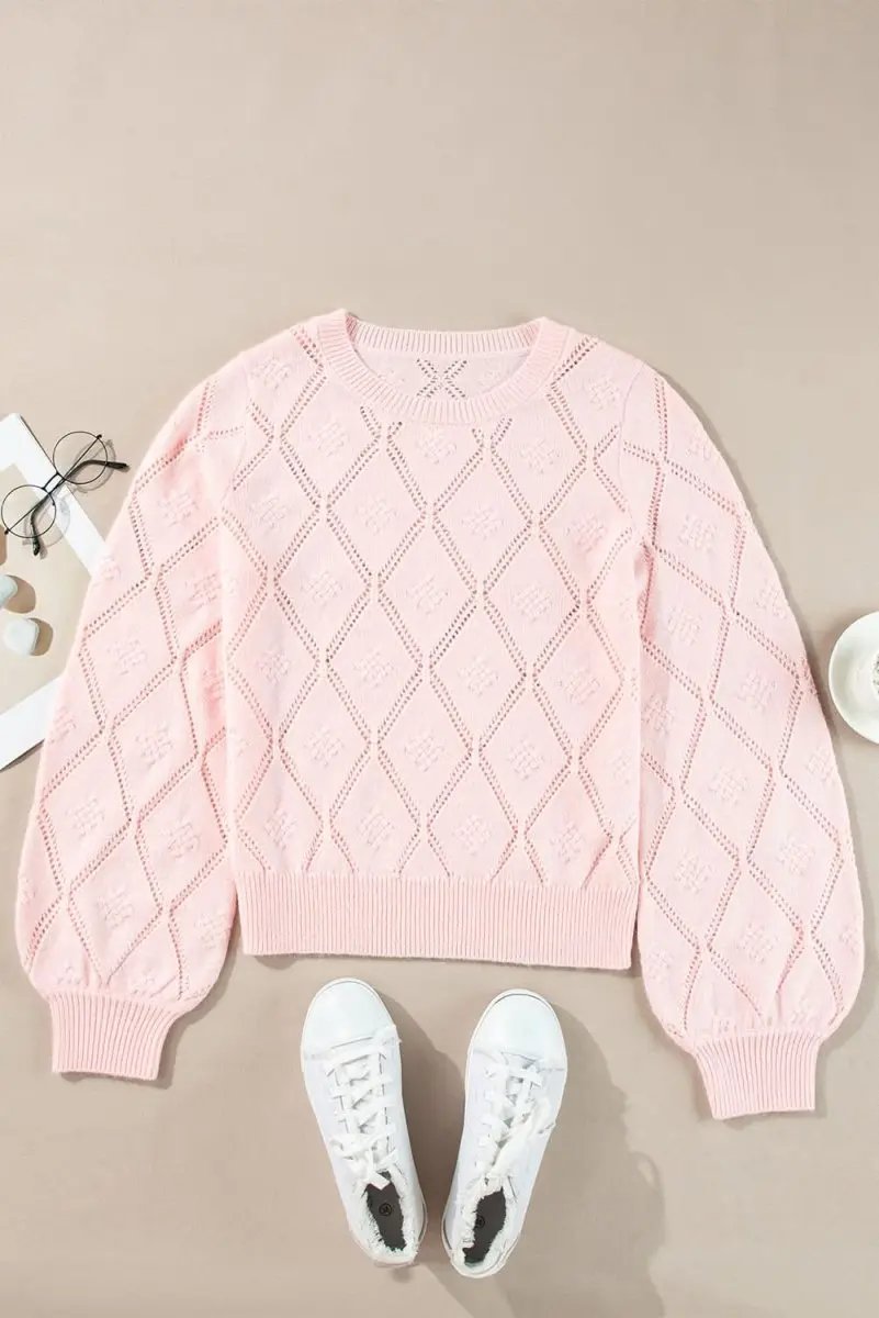 Gossamer Pink Plaid Puff Sleeve Cropped Sweater with Openwork Detail - Love Salve 