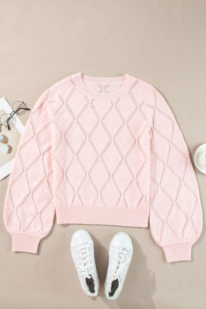 Gossamer Pink Plaid Puff Sleeve Cropped Sweater with Openwork Detail - Love Salve