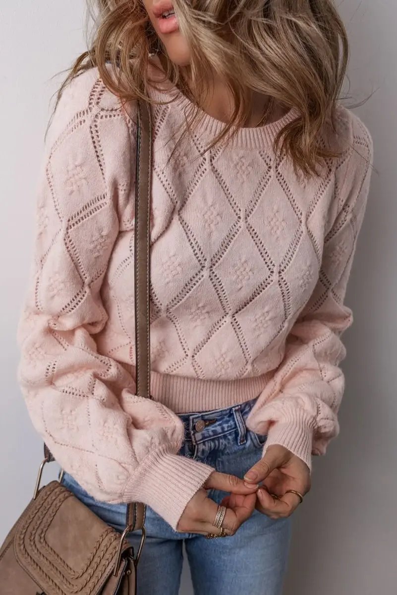 Gossamer Pink Plaid Puff Sleeve Cropped Sweater with Openwork Detail - Love Salve 
