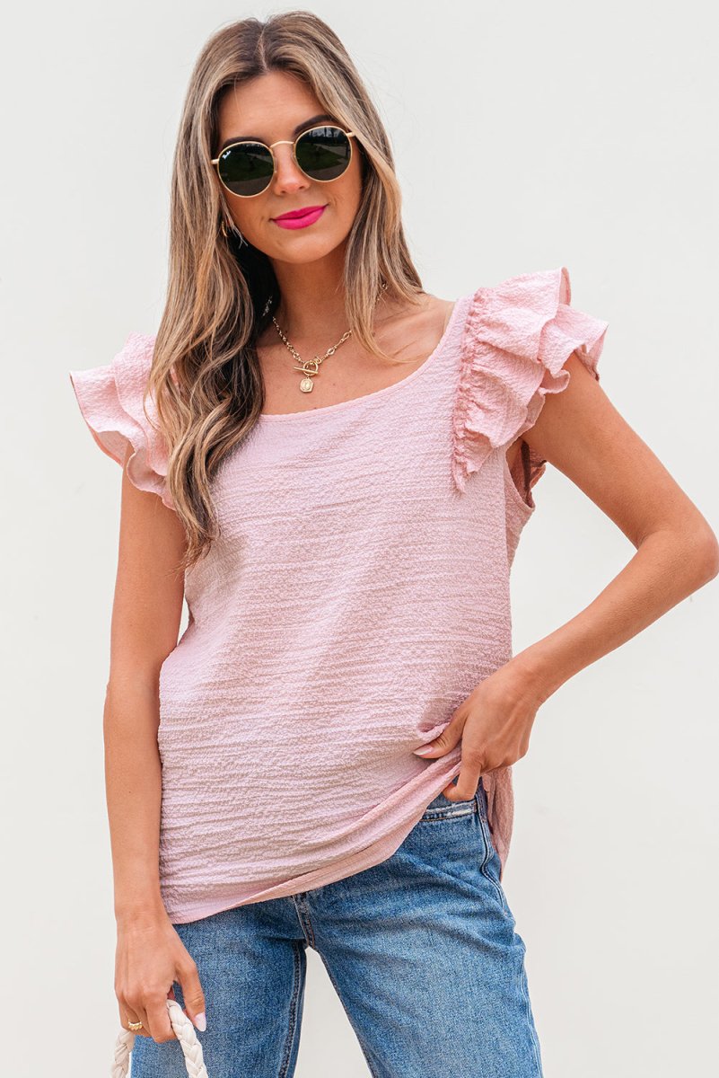 Gossamer Pink Textured Bow Knot Frilled Butterfly Sleeve Blouse - Love Salve 