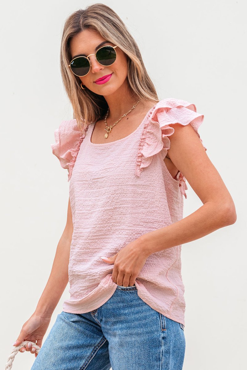 Gossamer Pink Textured Bow Knot Frilled Butterfly Sleeve Blouse - Love Salve 