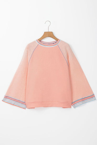Grapefruit Orange Waffle Knit Wide Bracelet Sleeve Patchwork Raglan Top - Love Salve
