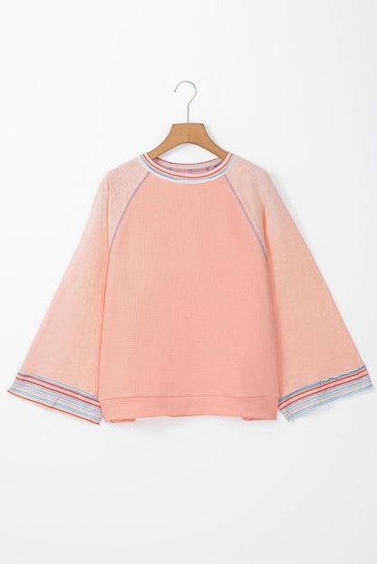 Grapefruit Orange Waffle Knit Wide Bracelet Sleeve Patchwork Raglan Top - Love Salve