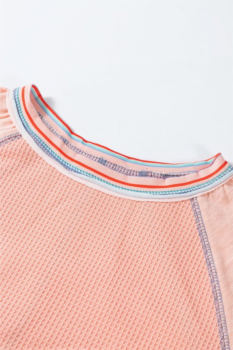 Grapefruit Orange Waffle Knit Wide Bracelet Sleeve Patchwork Raglan Top - Love Salve
