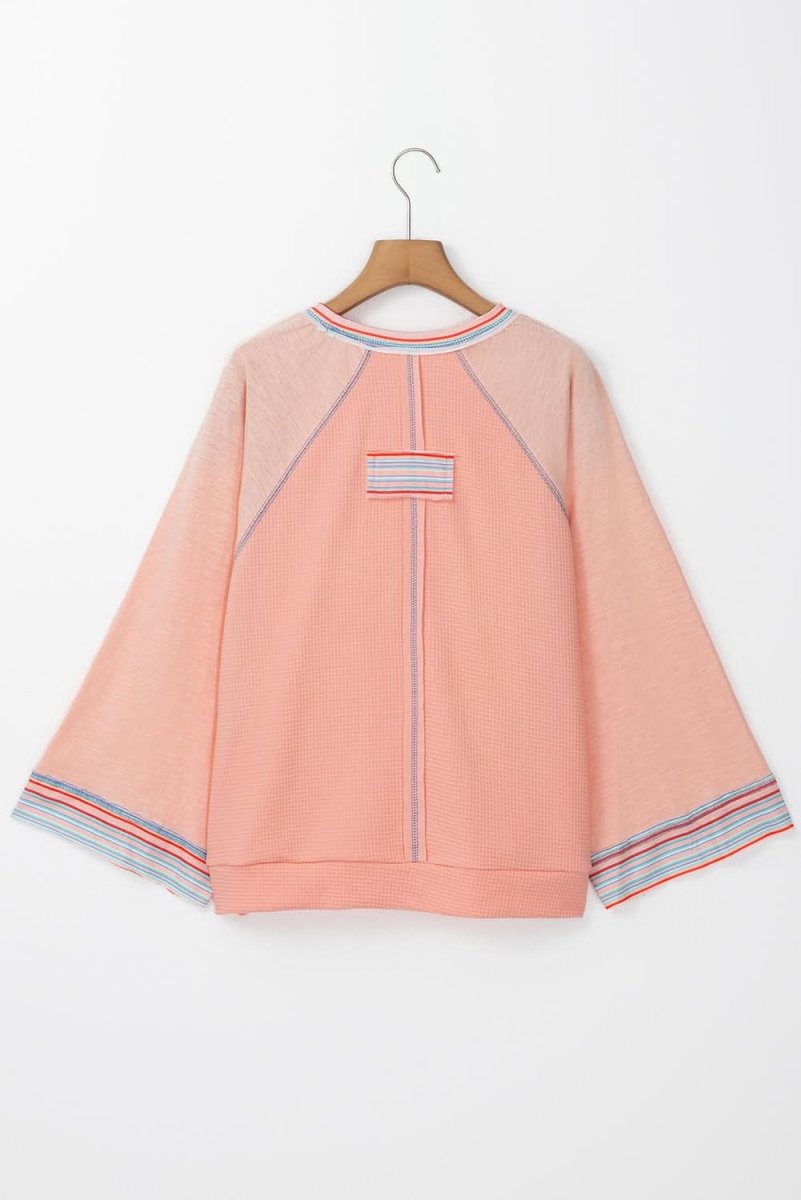 Grapefruit Orange Waffle Knit Wide Bracelet Sleeve Patchwork Raglan Top - Love Salve