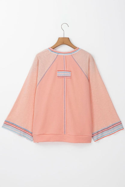 Grapefruit Orange Waffle Knit Wide Bracelet Sleeve Patchwork Raglan Top - Love Salve