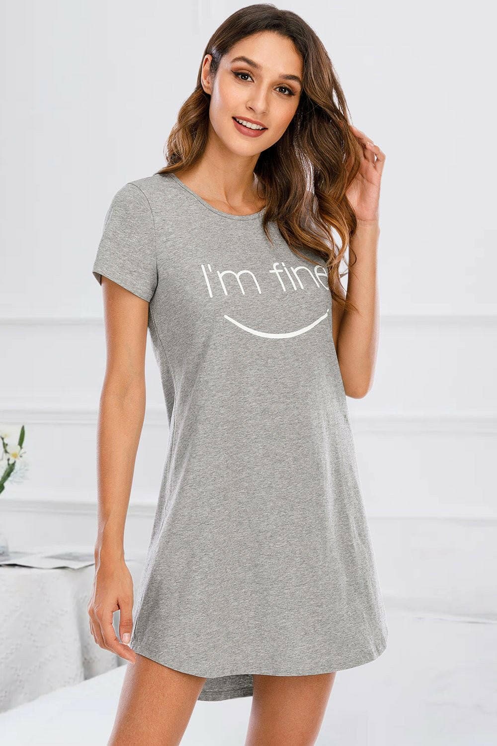 Cozy cotton blend short sleeve lounge dress in gray with "I'm fine" print.