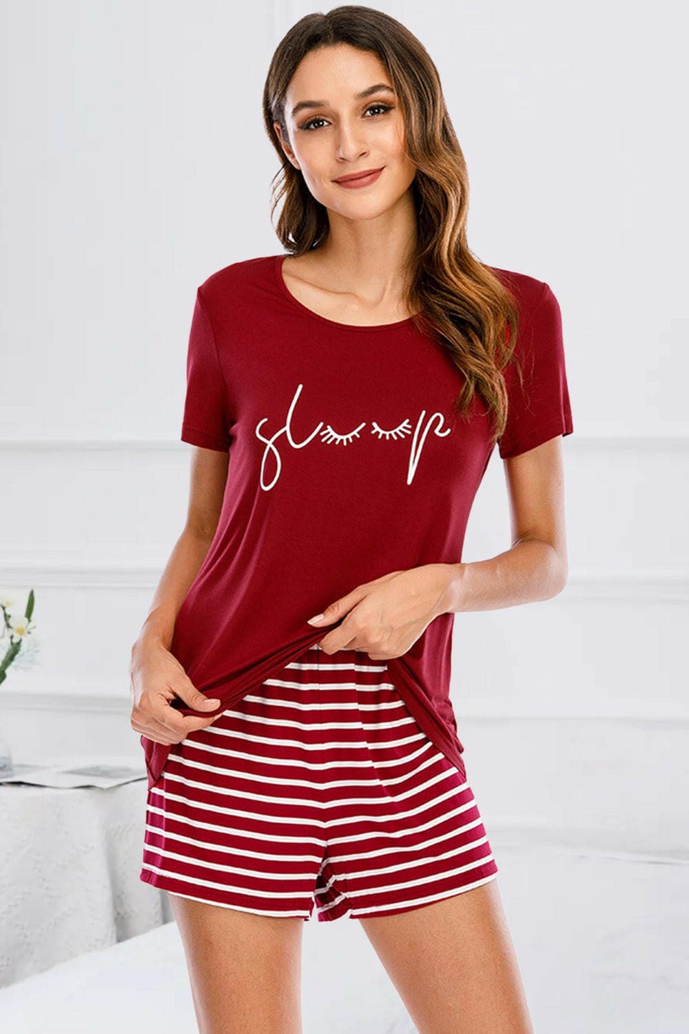 Graphic Round Neck Top and Striped Shorts Lounge Set - Love Salve