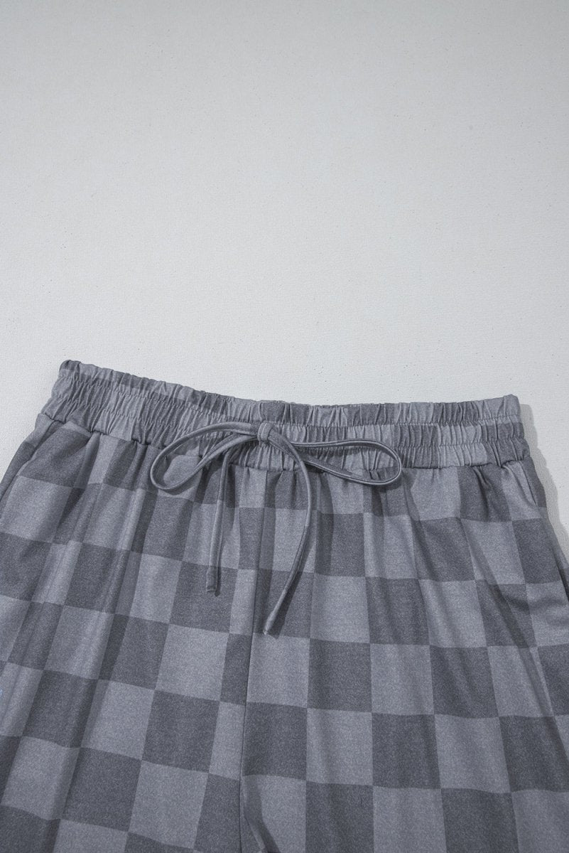 Gray Checkered V Neck Tee Drawstring Shorts Lounge Set for Women - Love Salve