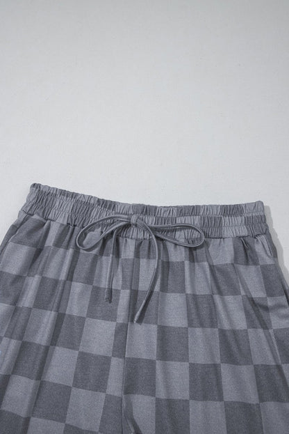 Gray Checkered V Neck Tee Drawstring Shorts Lounge Set for Women - Love Salve