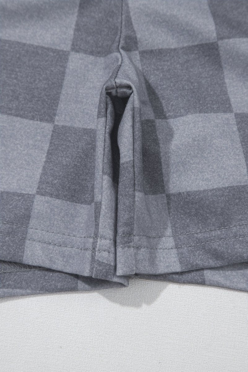 Gray Checkered V Neck Tee Drawstring Shorts Lounge Set for Women - Love Salve