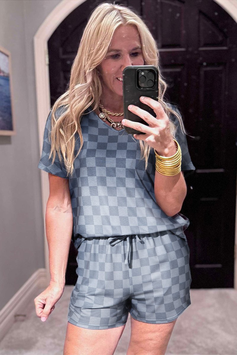 Gray Checkered V Neck Tee Drawstring Shorts Lounge Set for Women - Love Salve