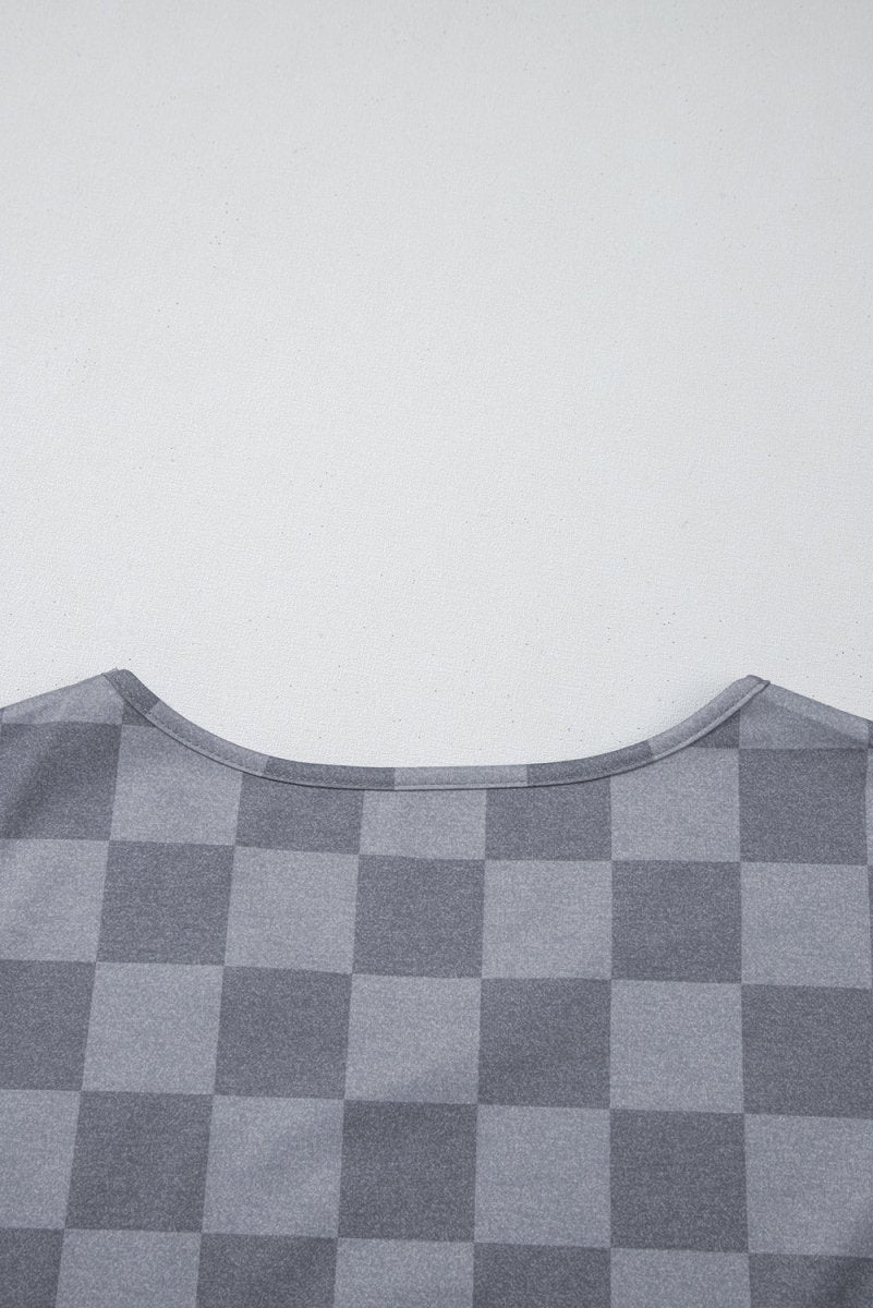 Gray Checkered V Neck Tee Drawstring Shorts Lounge Set for Women - Love Salve