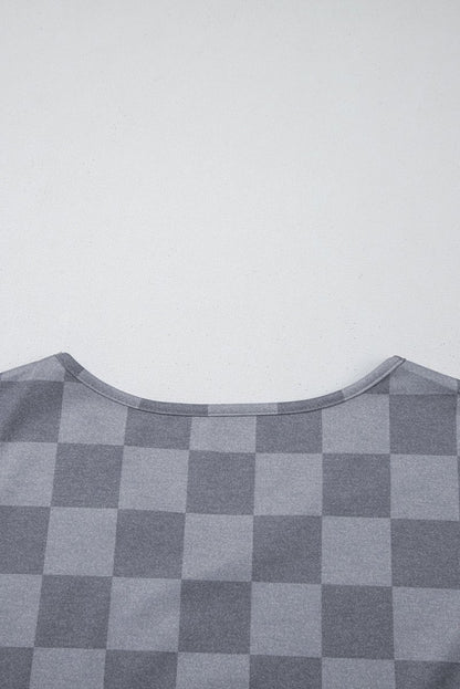Gray Checkered V Neck Tee Drawstring Shorts Lounge Set for Women - Love Salve