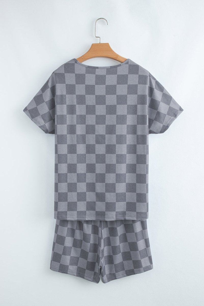 Gray Checkered V Neck Tee Drawstring Shorts Lounge Set for Women - Love Salve