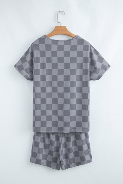Gray Checkered V Neck Tee Drawstring Shorts Lounge Set for Women - Love Salve