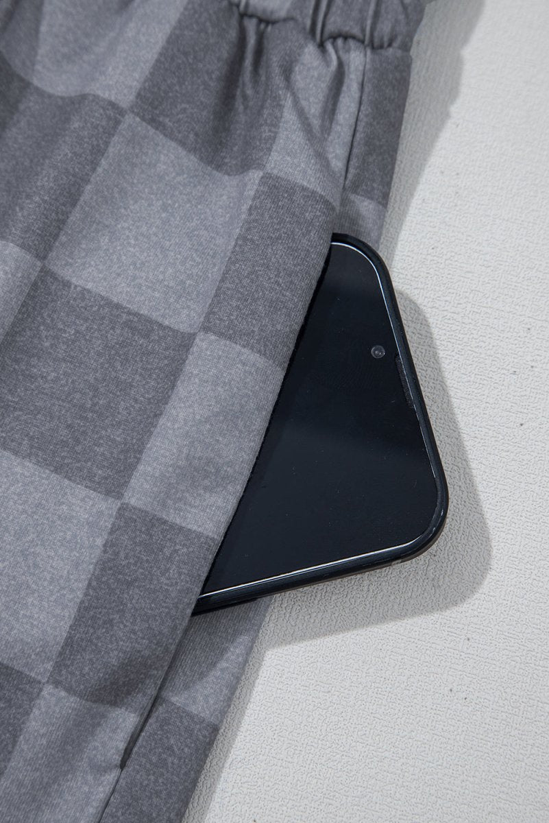 Gray Checkered V Neck Tee Drawstring Shorts Lounge Set for Women - Love Salve 