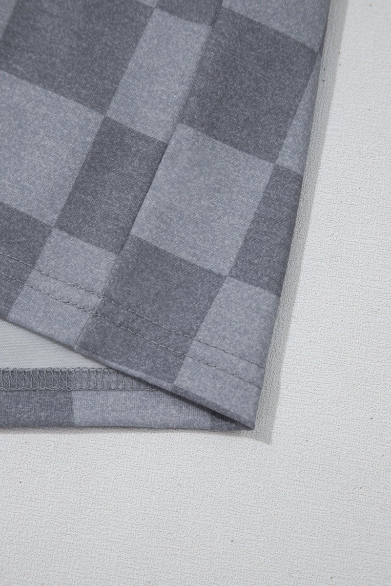 Gray Checkered V Neck Tee Drawstring Shorts Lounge Set for Women - Love Salve 