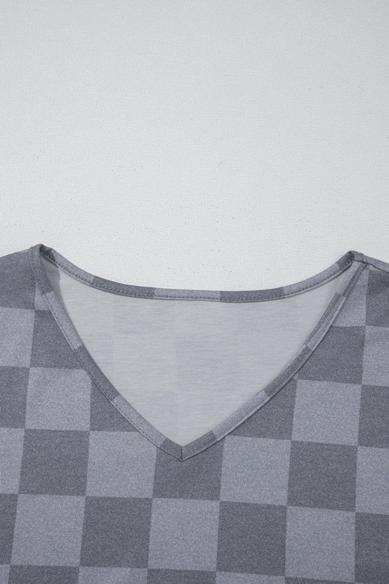 Gray Checkered V Neck Tee Drawstring Shorts Lounge Set for Women - Love Salve