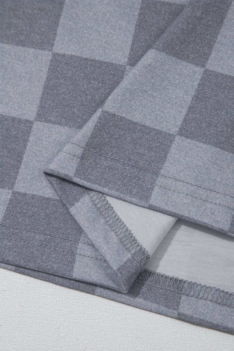 Gray Checkered V Neck Tee Drawstring Shorts Lounge Set for Women - Love Salve 