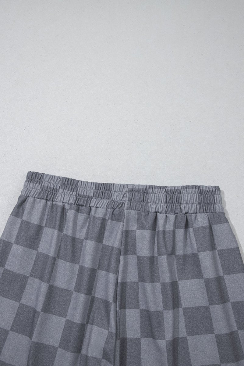 Gray Checkered V Neck Tee Drawstring Shorts Lounge Set for Women - Love Salve