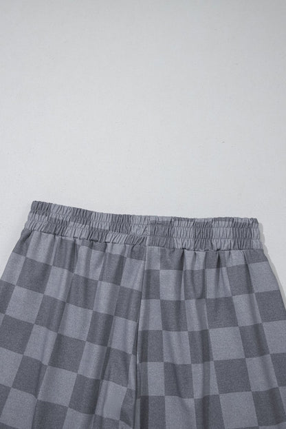 Gray Checkered V Neck Tee Drawstring Shorts Lounge Set for Women - Love Salve
