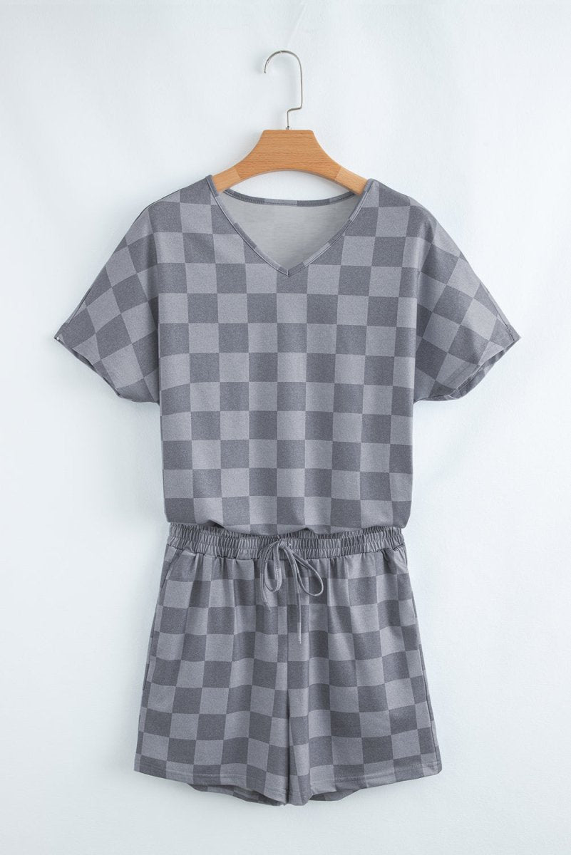 Gray Checkered V Neck Tee Drawstring Shorts Lounge Set for Women - Love Salve